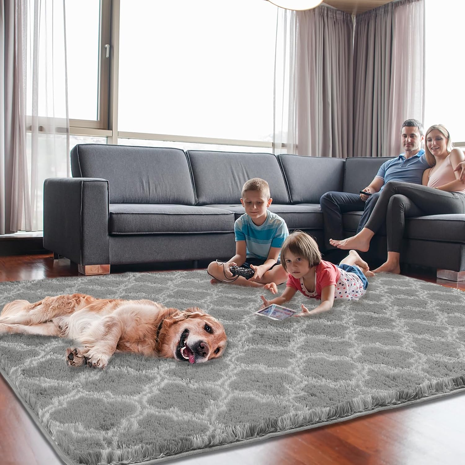 Shag Area Rug 5x7 Feet Extra Soft Rugs for Living Room, High Pile Indoor Carpet for Bedroom, Kids Room, Nursery, Home Decor, Geometric, Light Grey/White